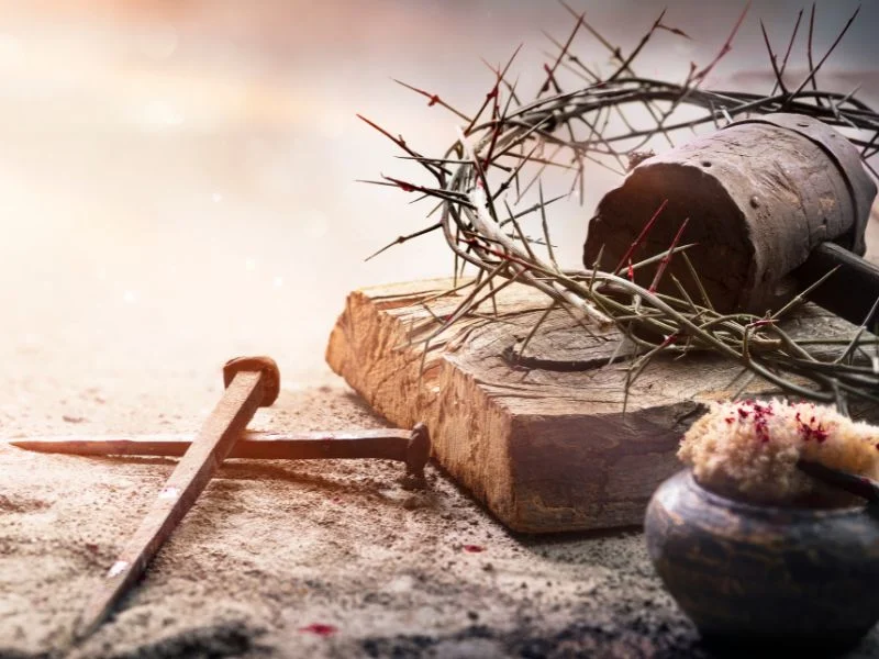 crown of thorns, nails & cross