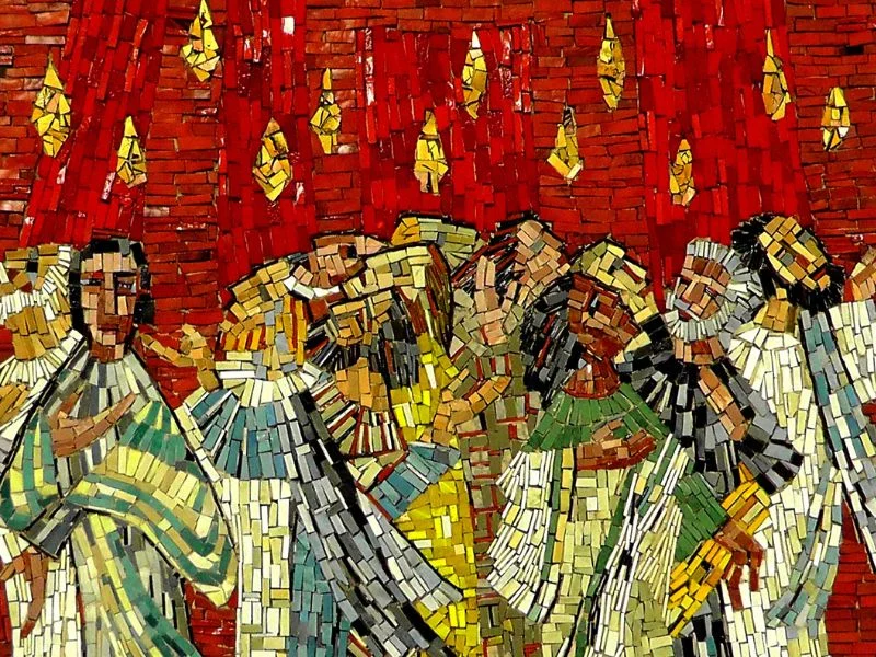tile mosaic showing the Holy Spirit hovering over the disciples.
