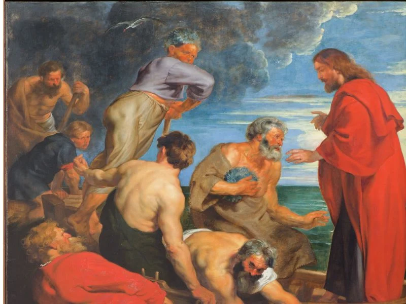 Peter fishing on a boat with Jesus