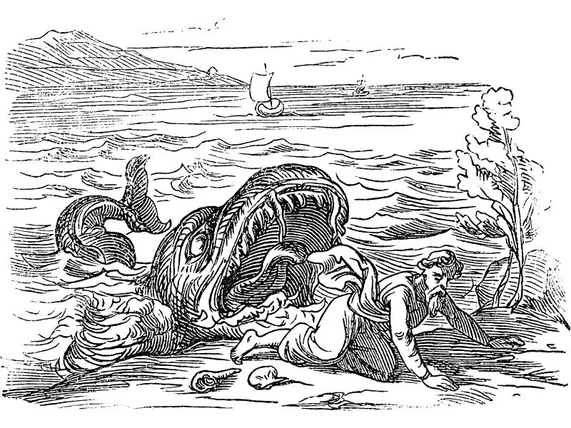 Whale throwing Jonah onto the beach