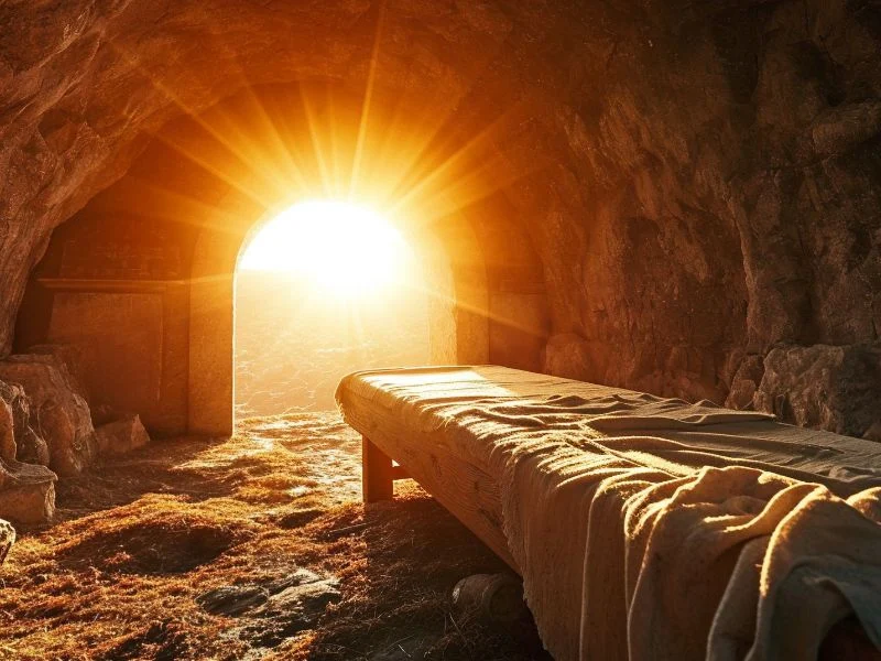 Sun shining through the doorway of an empty tomb