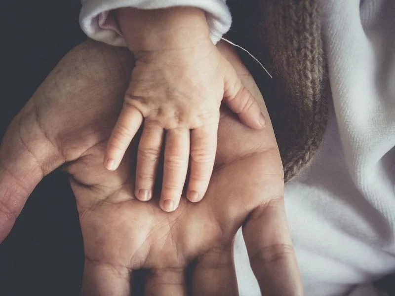 A child's hand resting on the hand of his father