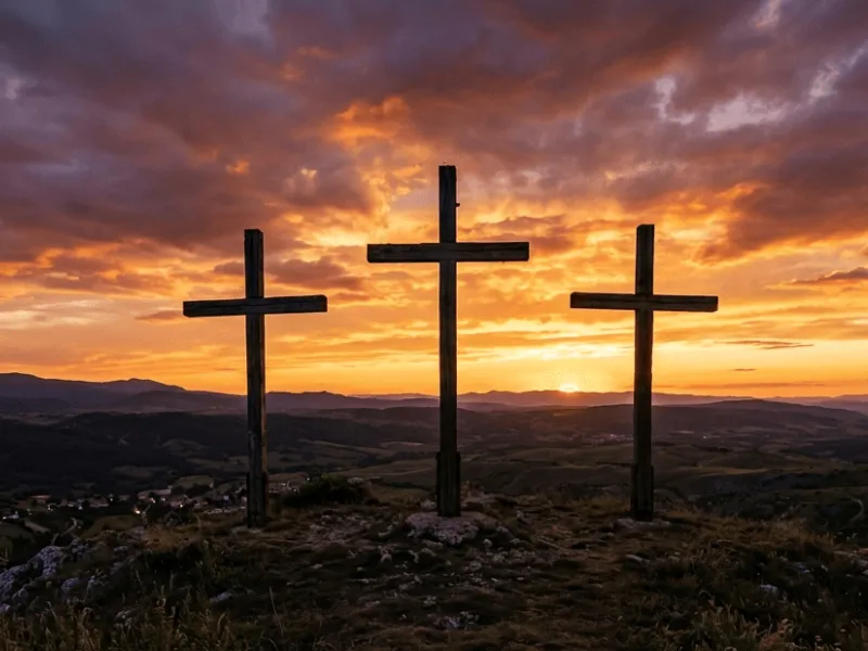 three empty crosses at sunset